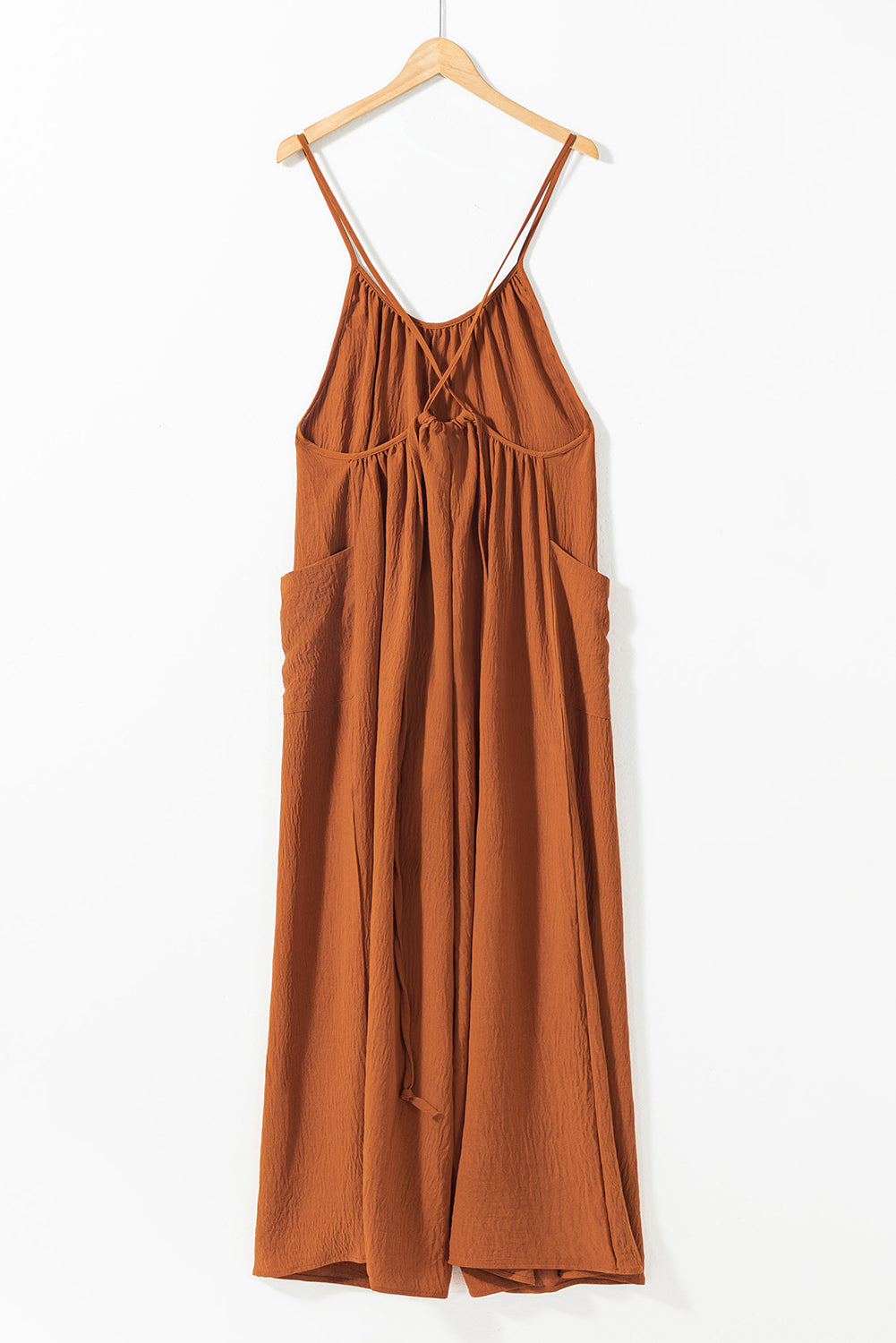 Chestnut Spaghetti Straps Waist Tie Wide Leg Jumpsuit with Pockets