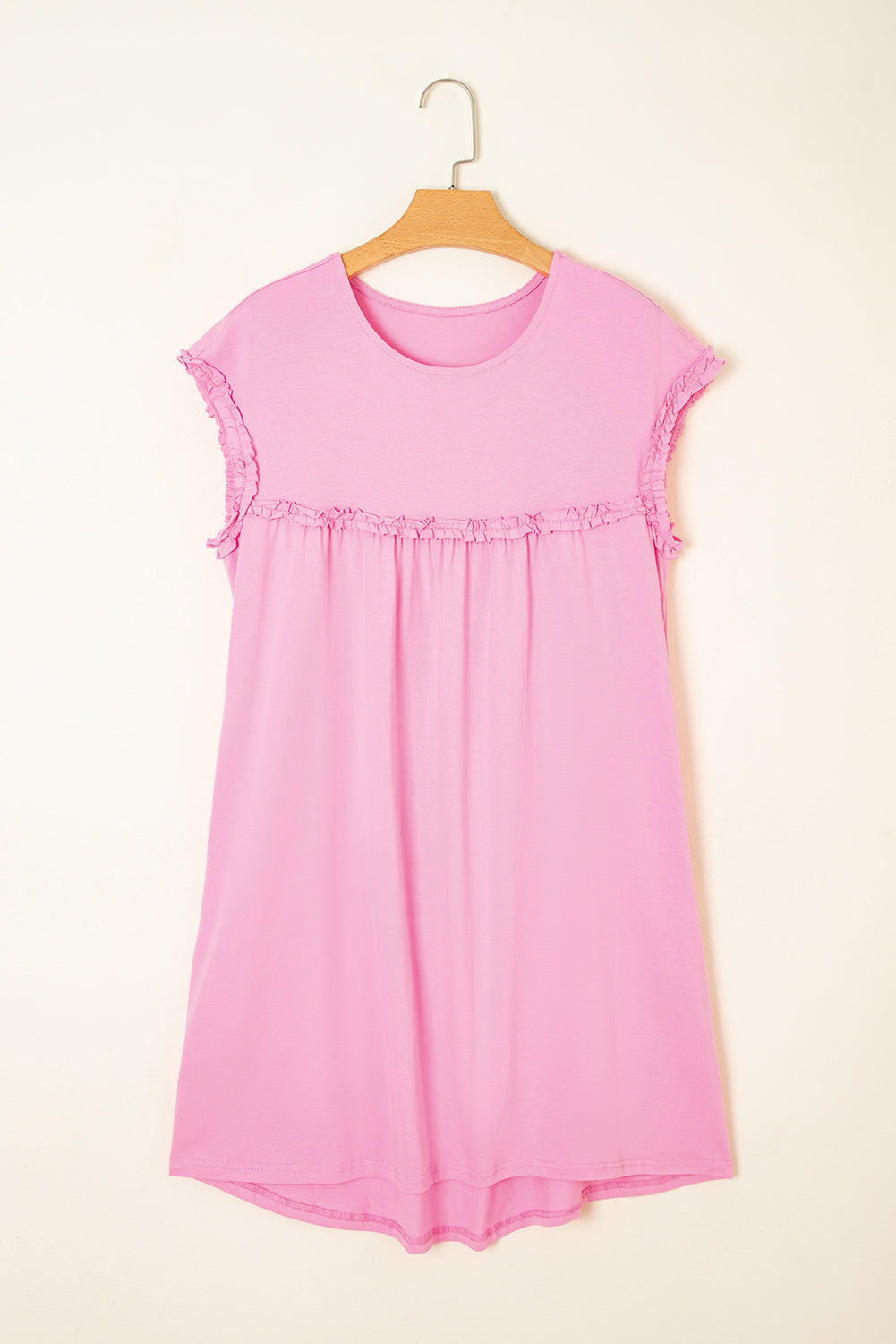 Pink Frilled Trim Crew Neck Loose Fit Mini Dress