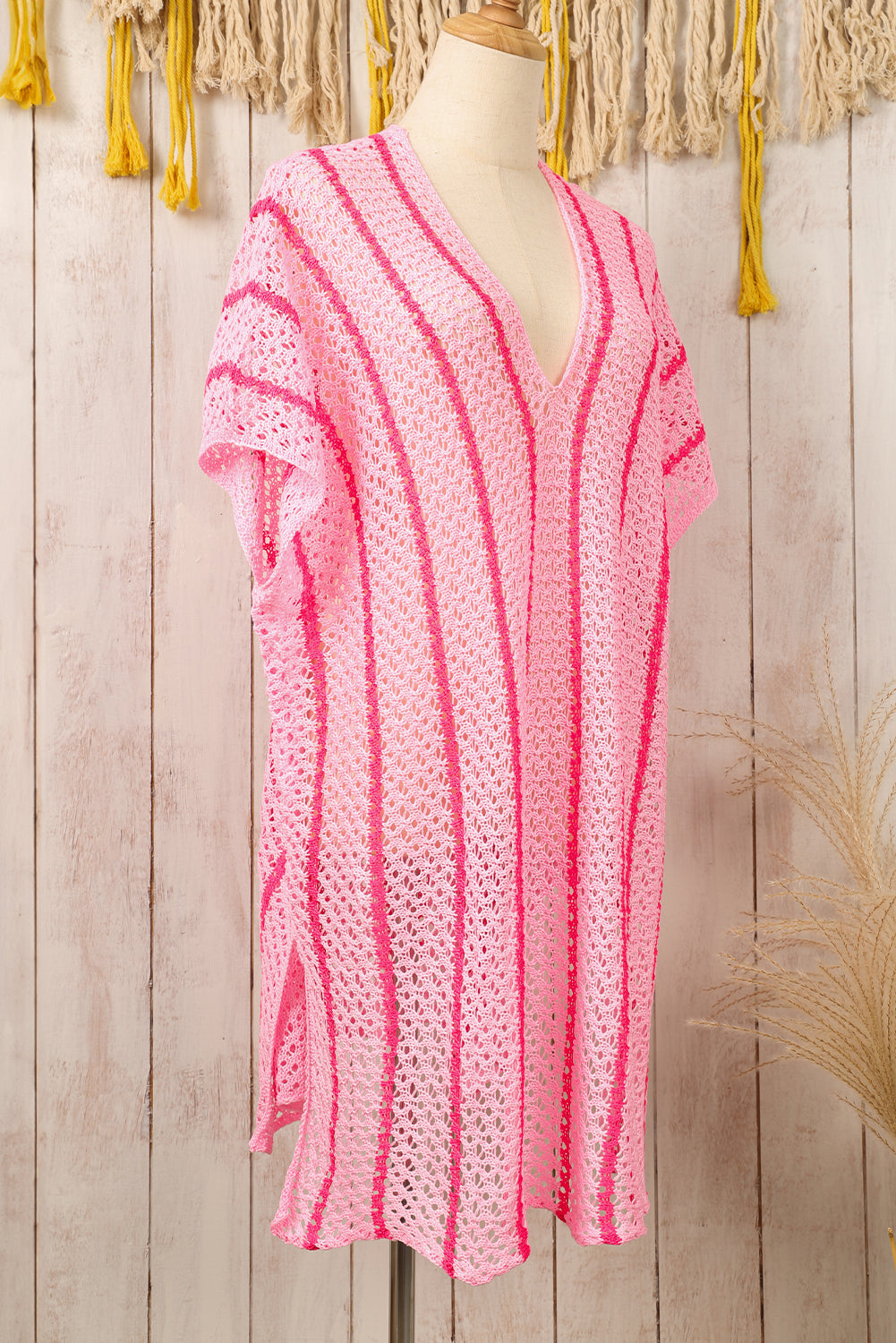 Pink Striped Crochet Loose Fit V Neck Beach Cover Up