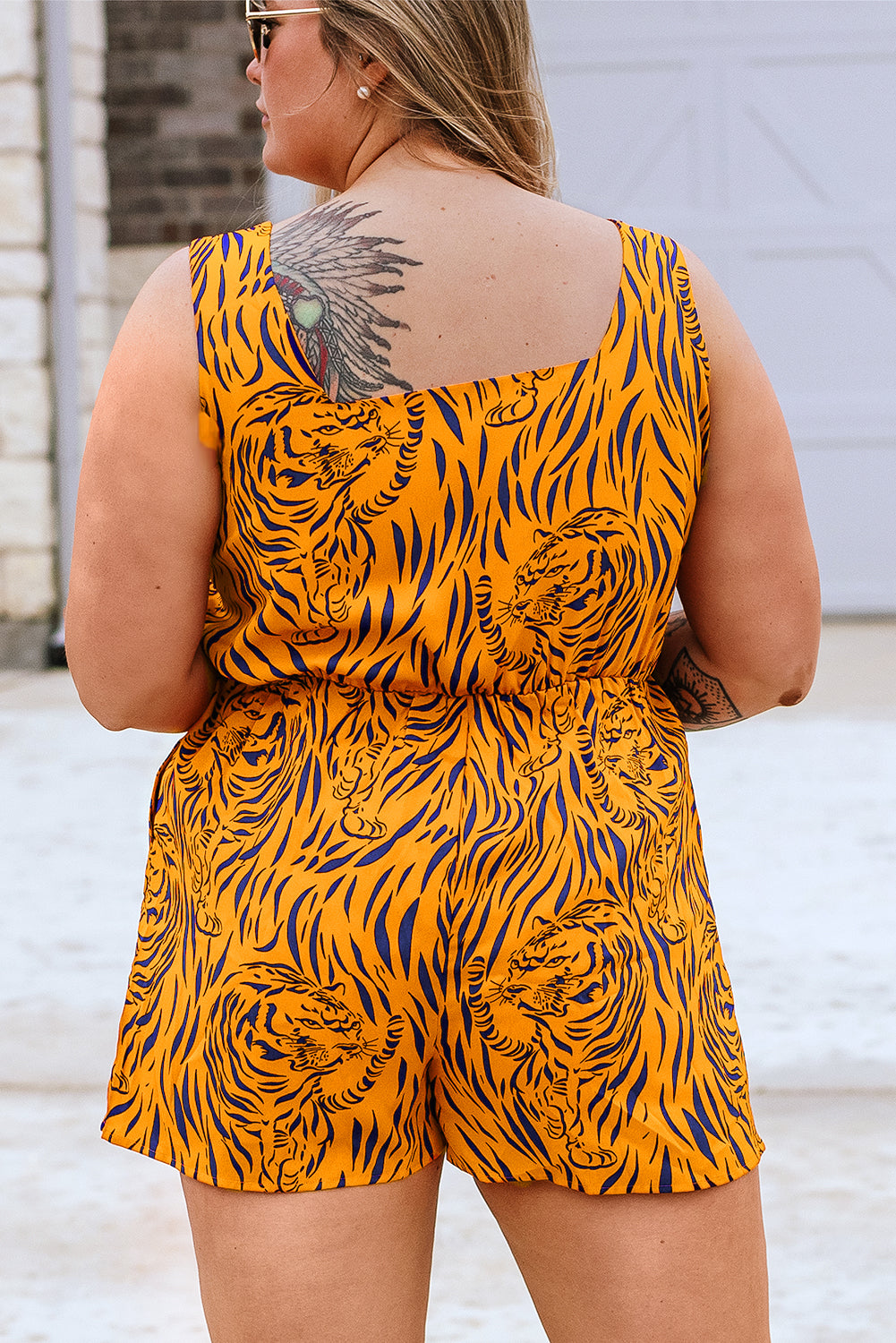 Yellow Plus Size Tiger Print Sleeveless V Neck Romper