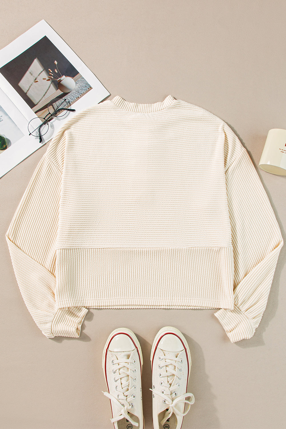 Apricot Corded Texture Lantern Sleeve Buttons Henley Sweatshirt