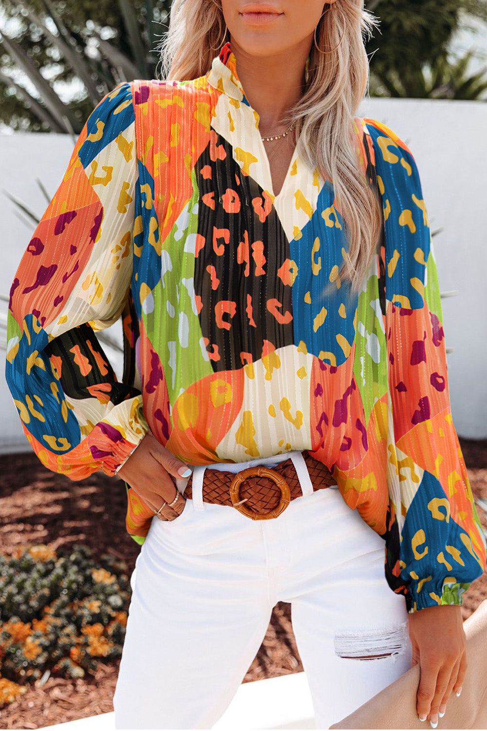 Orange Leopard Patchwork Print Pleated Blouse