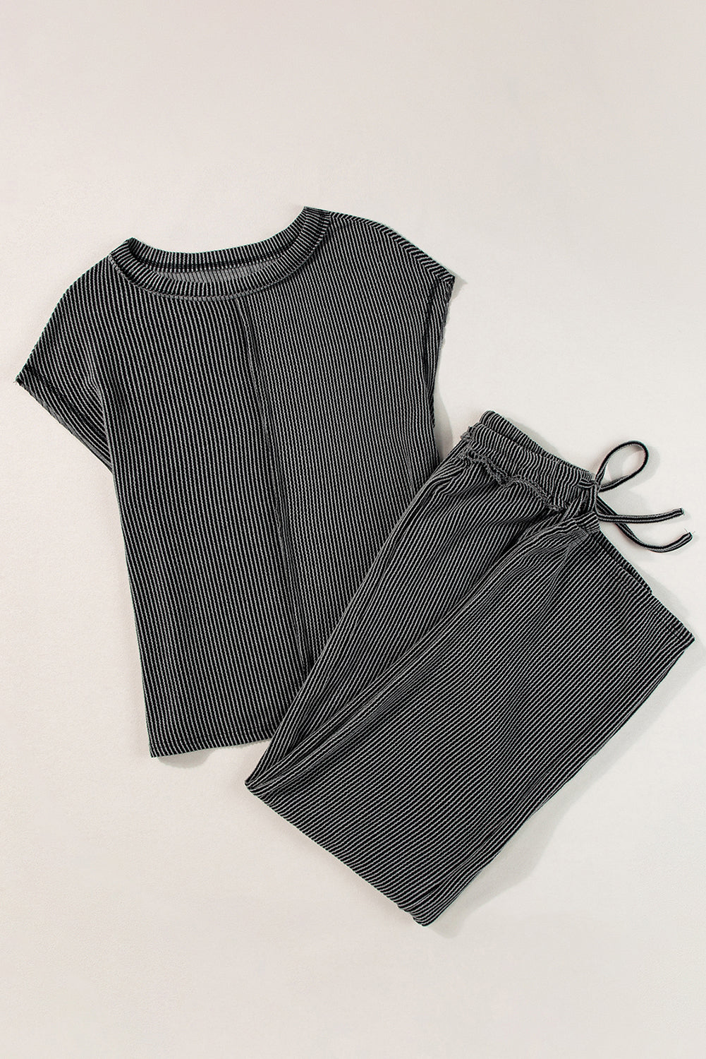 Carbon Grey Exposed Seam Ribbed Tee and Pants Two-piece Outfit