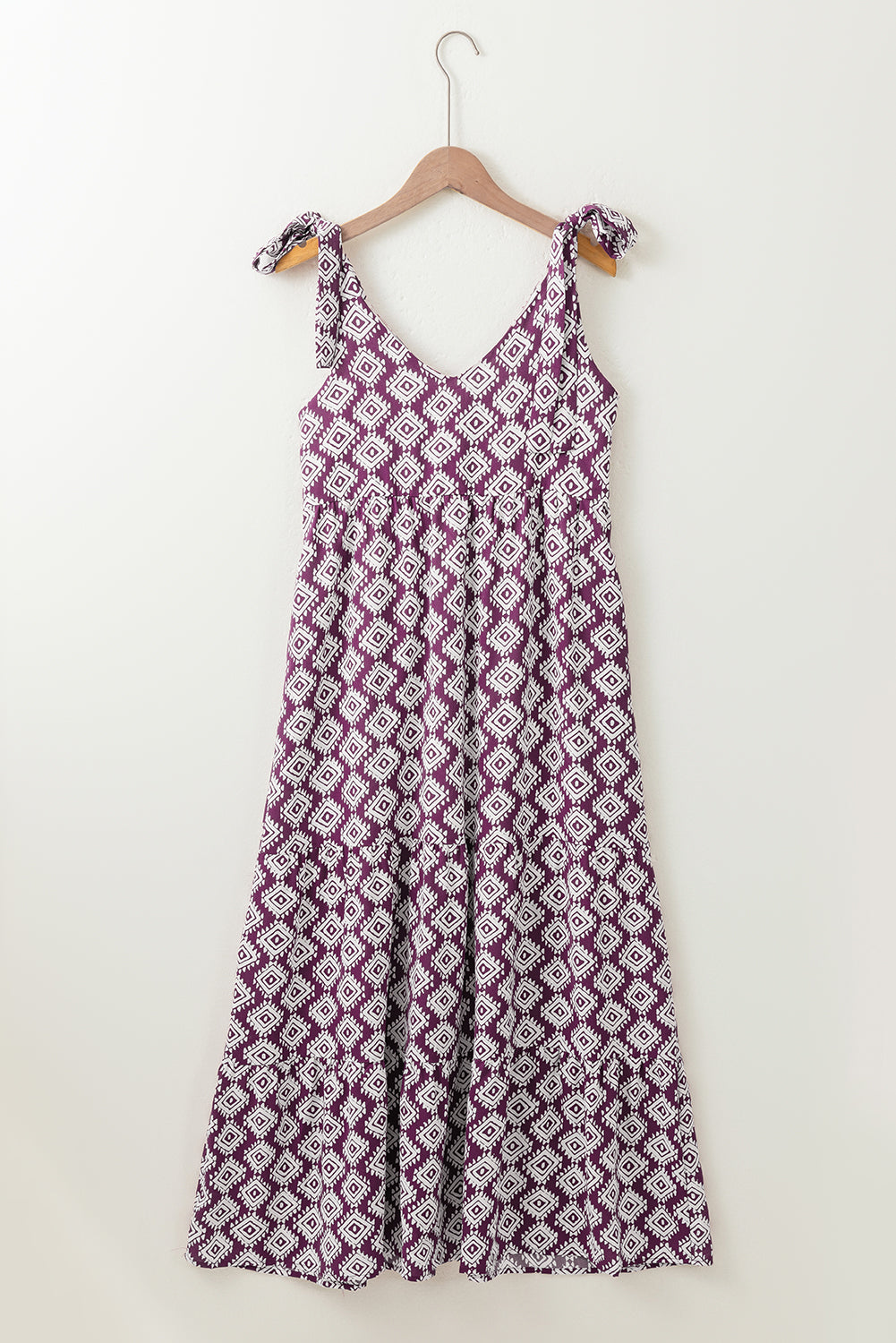 Purple Western Geometric Print Knotted Straps V Neck Long Dress