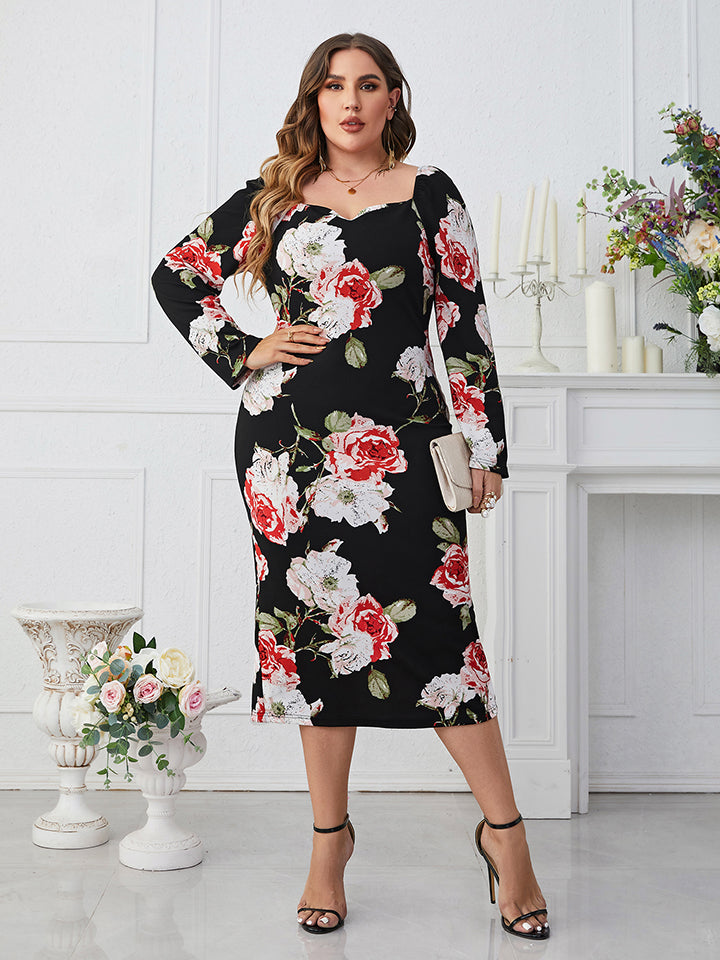 Plus Size Printed Square Neck Long Sleeve Dress